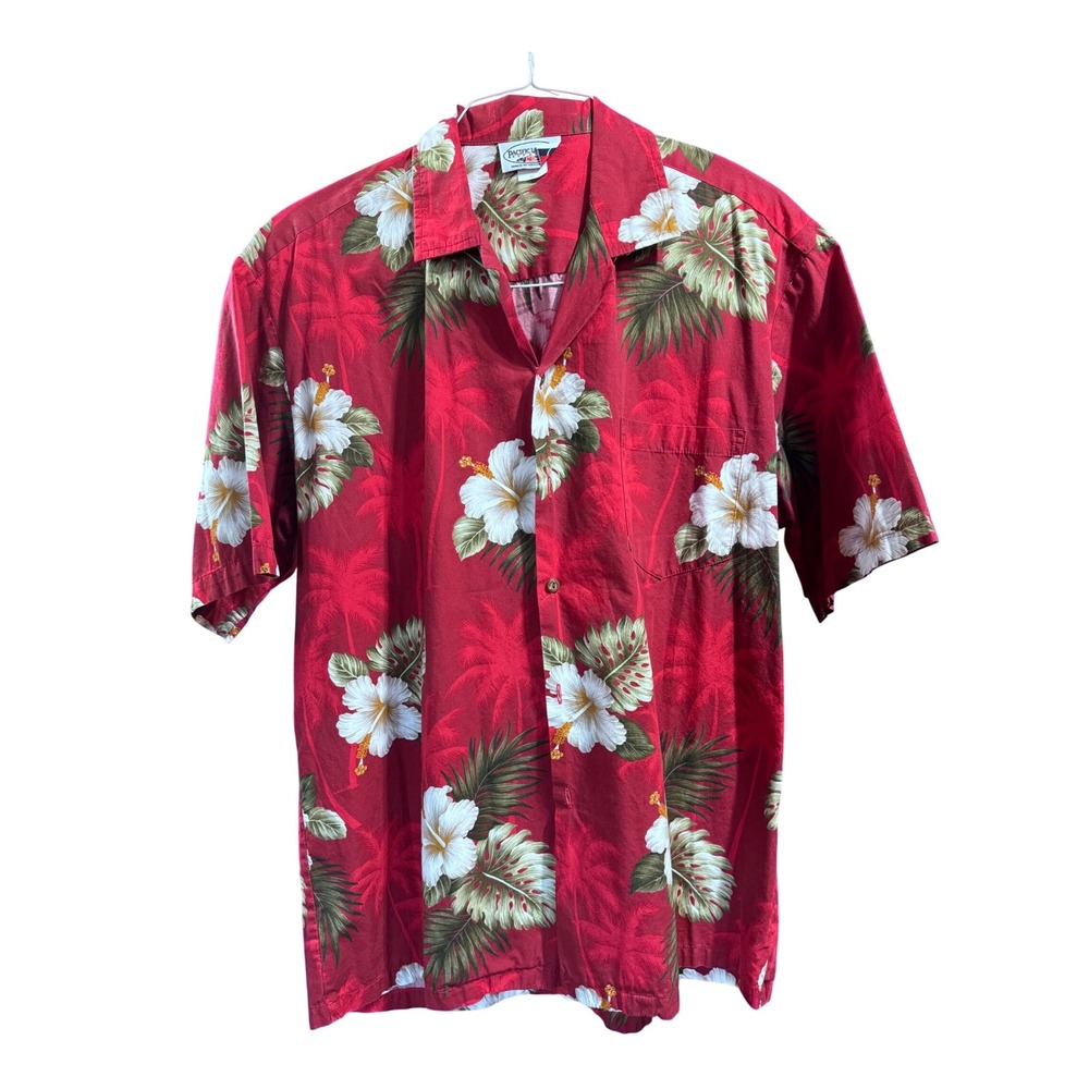 Pacific Legend Hawaiian Shirt Cotton Hibiscus Floral Red XL Vintage Style